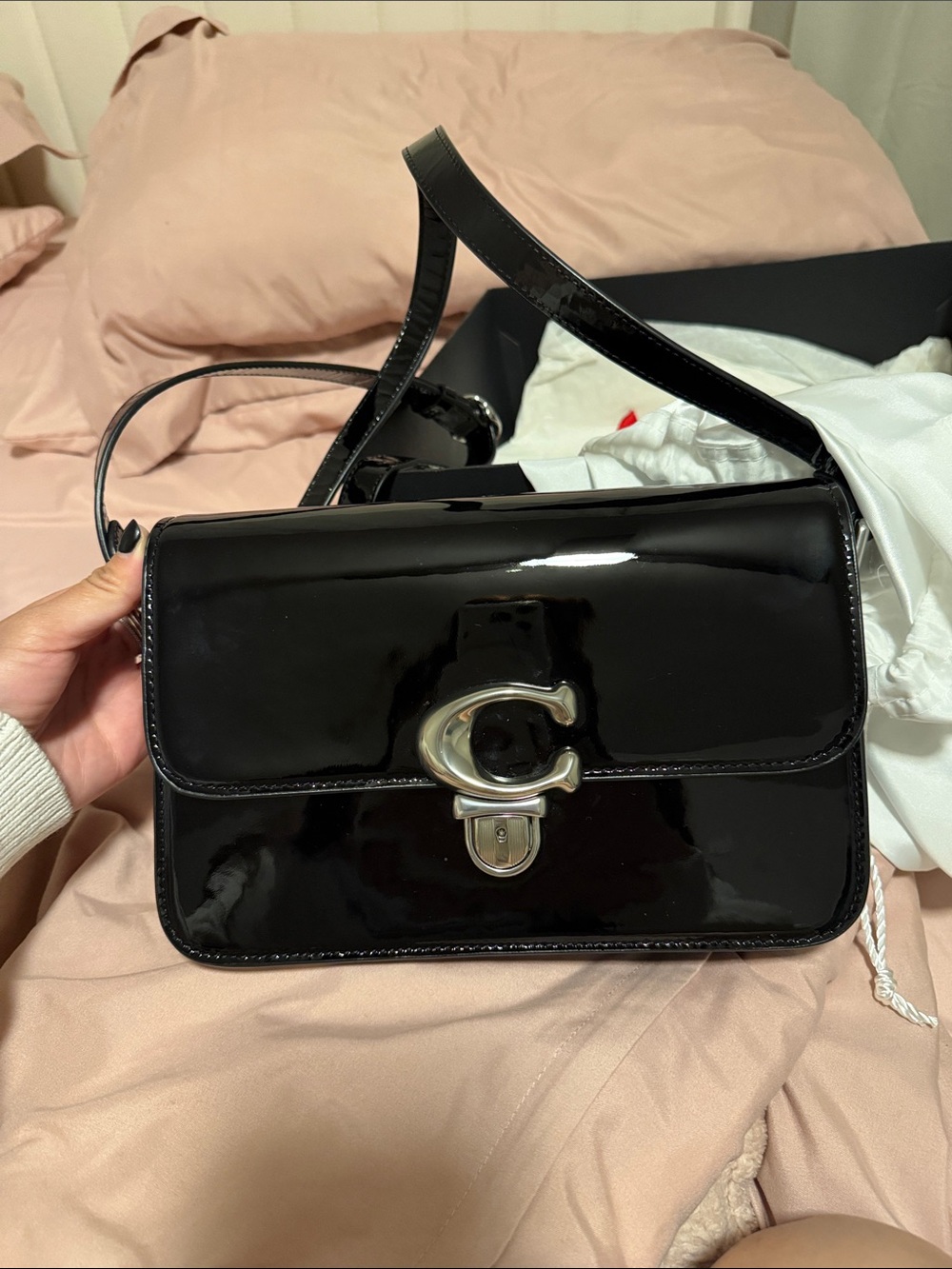 Coach Black Patent Leather Shoulder Bag with Silver 'C' Turnlock